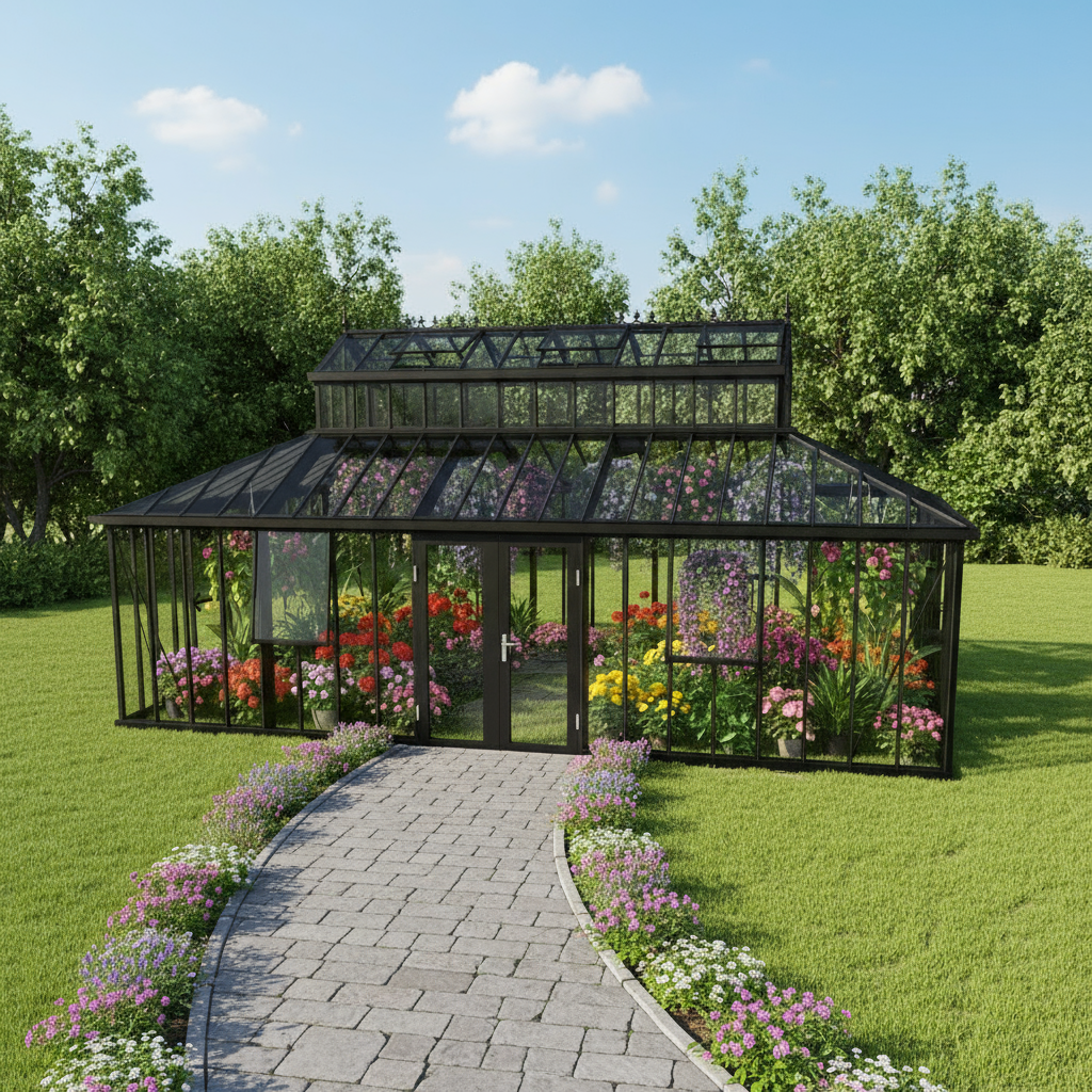 Black metal glass greenhouse in a yard