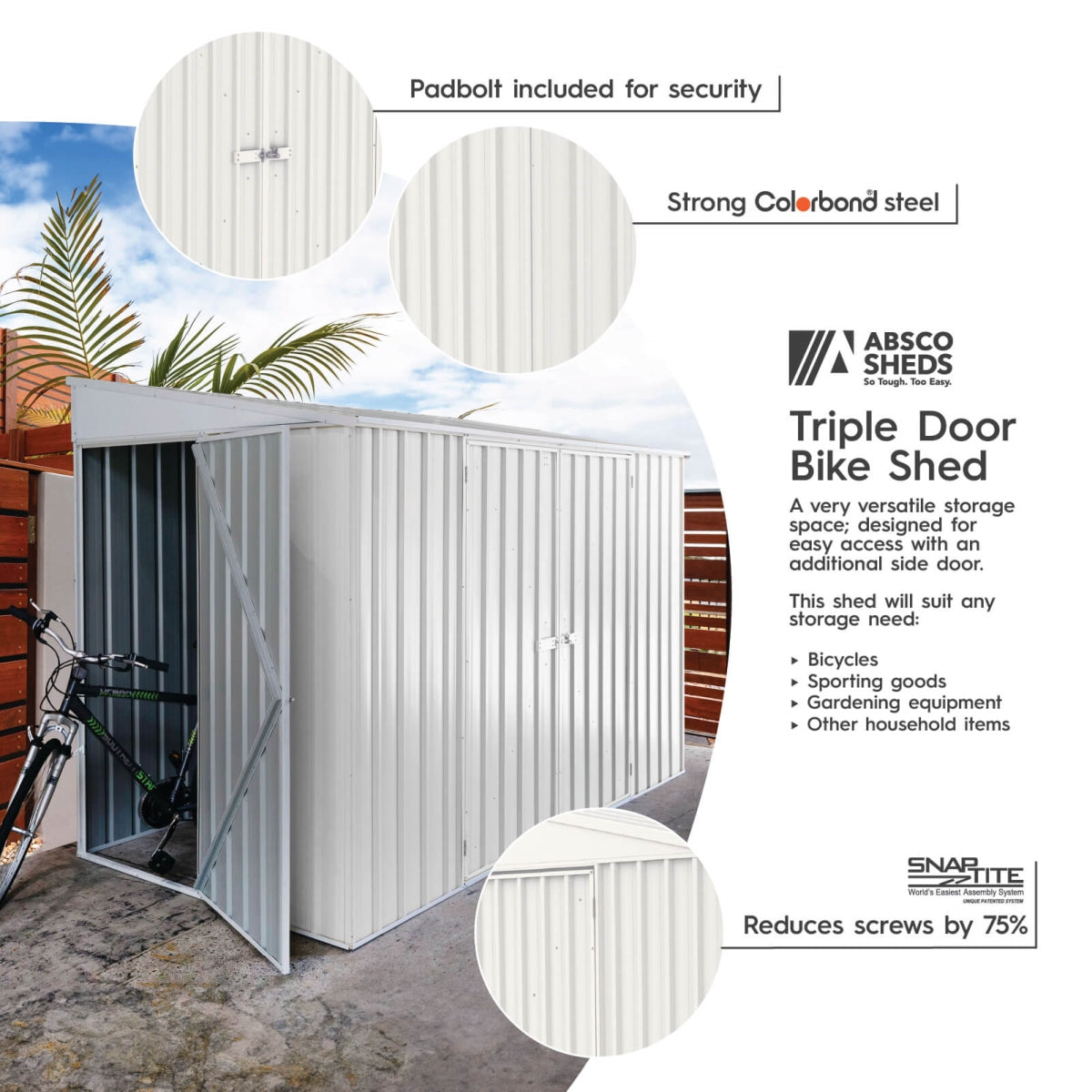 Absco | 10x5 ft Lean To Metal Bike Shed