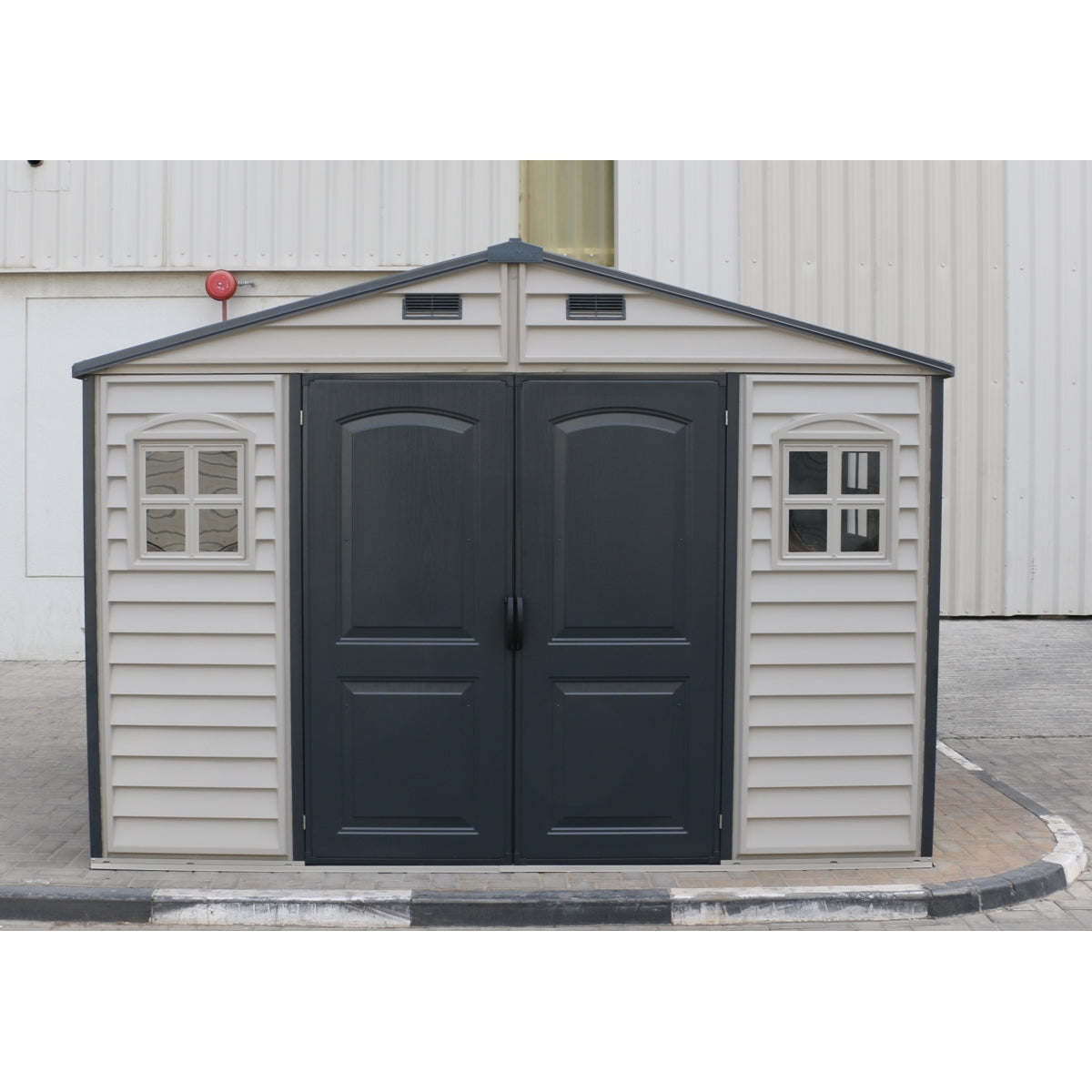 DuraMax | 10x8x7 ft Woodside Plus Vinyl Plastic Storage Shed with Foundation