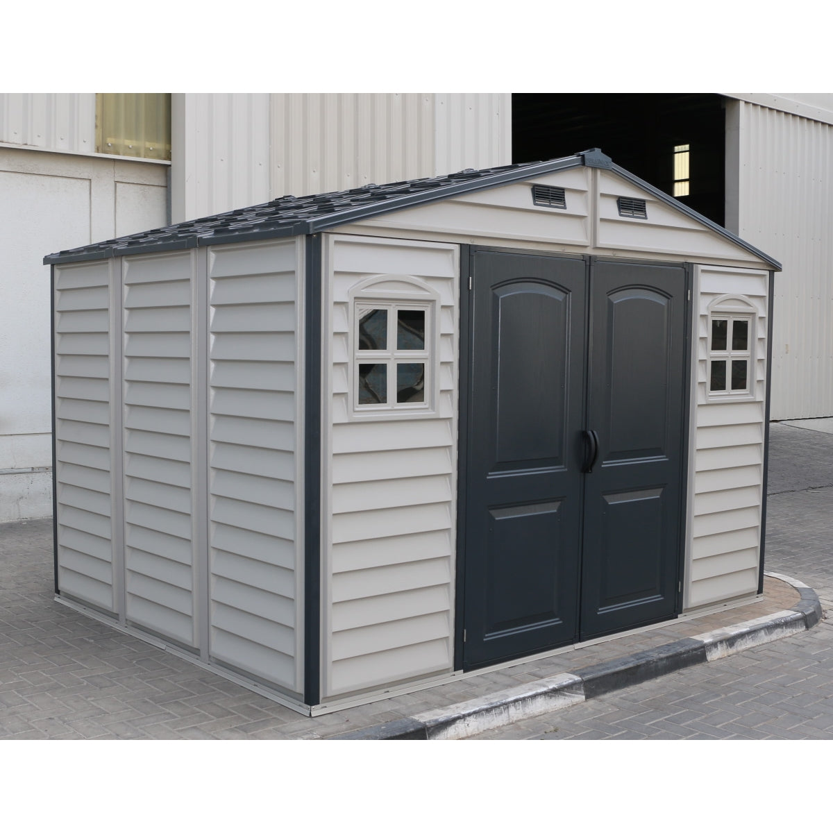 DuraMax | 10x8x7 ft Woodside Plus Vinyl Plastic Storage Shed with Foundation