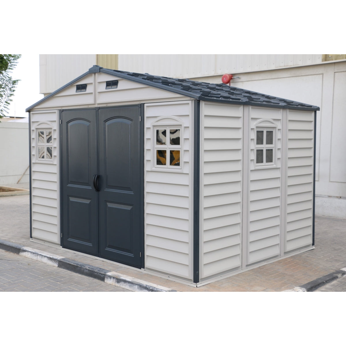 DuraMax | 10x8x7 ft Woodside Plus Vinyl Plastic Storage Shed with Foundation