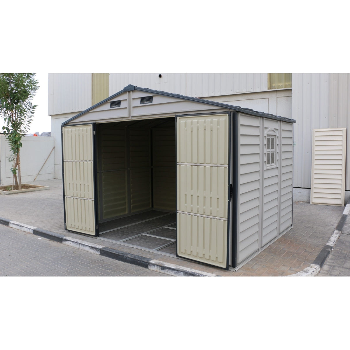 DuraMax | 10x8x7 ft Woodside Plus Vinyl Plastic Storage Shed with Foundation
