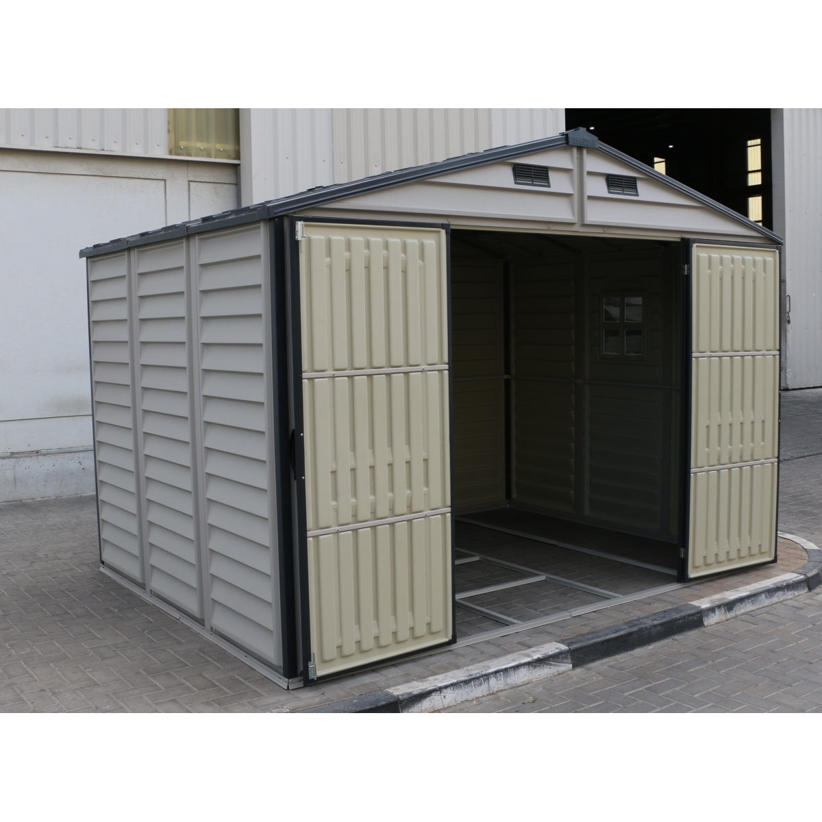 DuraMax | 10x8x7 ft Woodside Plus Vinyl Plastic Storage Shed with Foundation