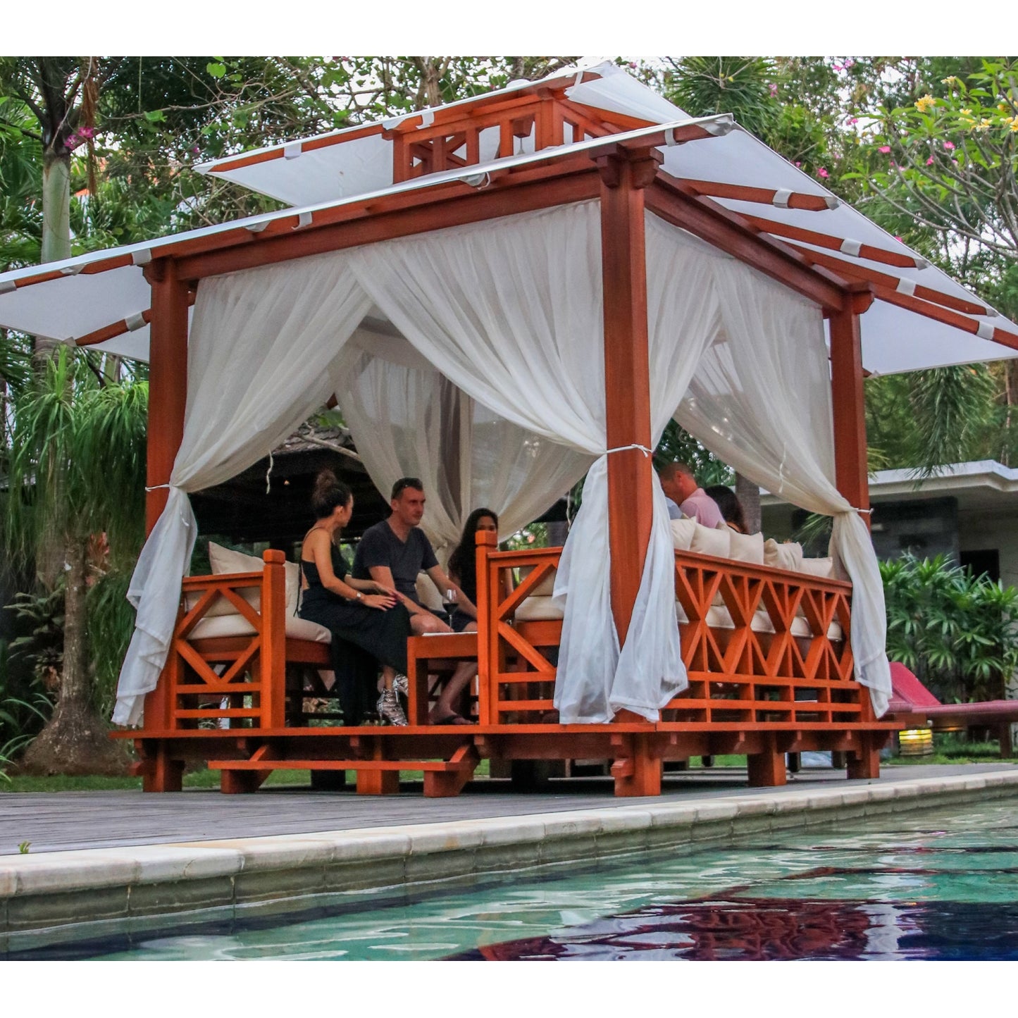Exaco | 10x10 Ft Exquisite Handcrafted Solid Wood Gazebo With Canopy, Coffee Table and Benches From Bali Indonesia
