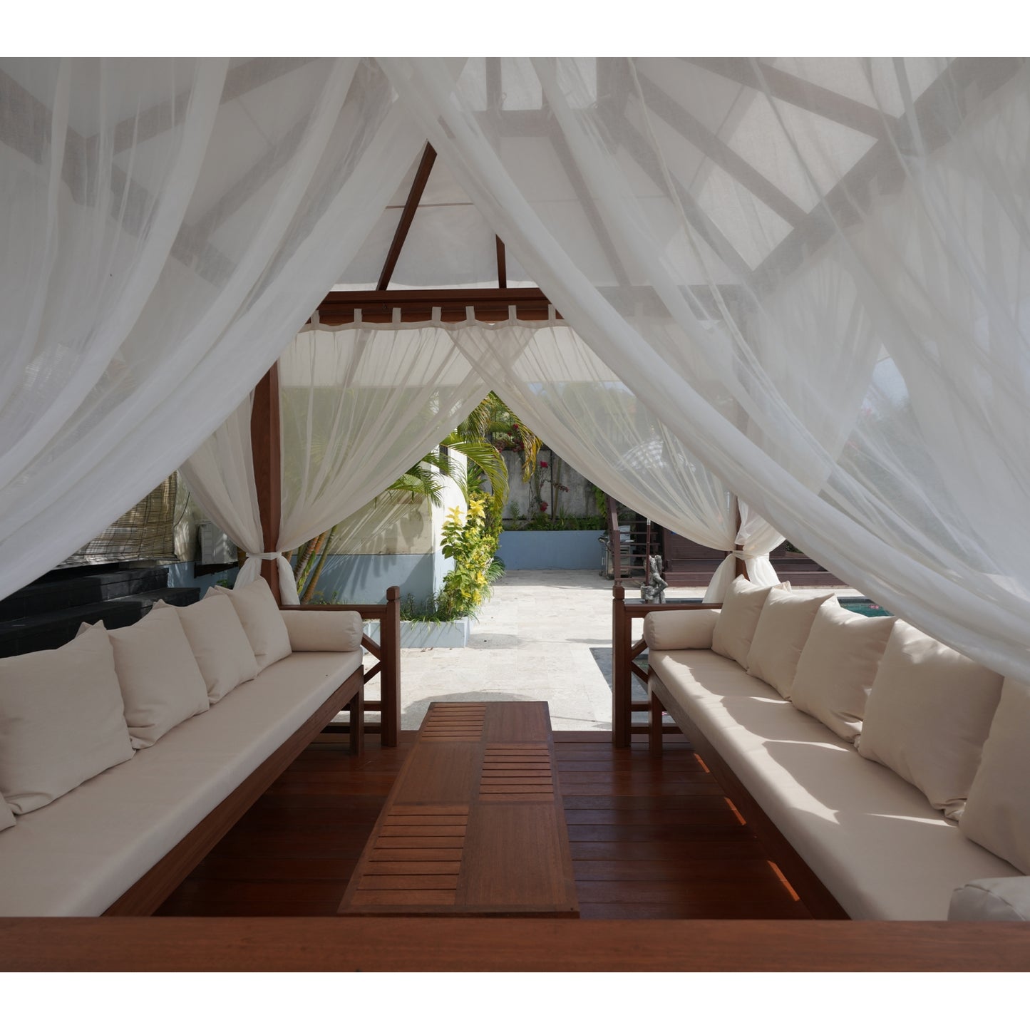 Exaco | 10x10 Ft Exquisite Handcrafted Solid Wood Gazebo With Canopy, Coffee Table and Benches From Bali Indonesia