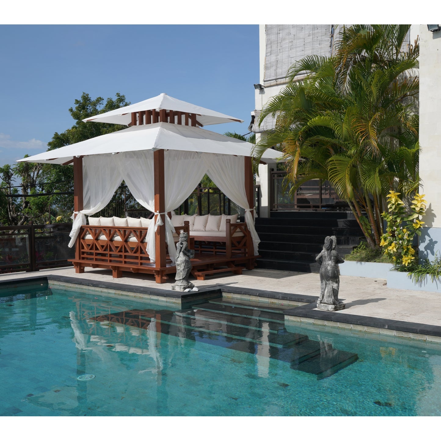 Exaco | 10x10 Ft Exquisite Handcrafted Solid Wood Gazebo With Canopy, Coffee Table and Benches From Bali Indonesia
