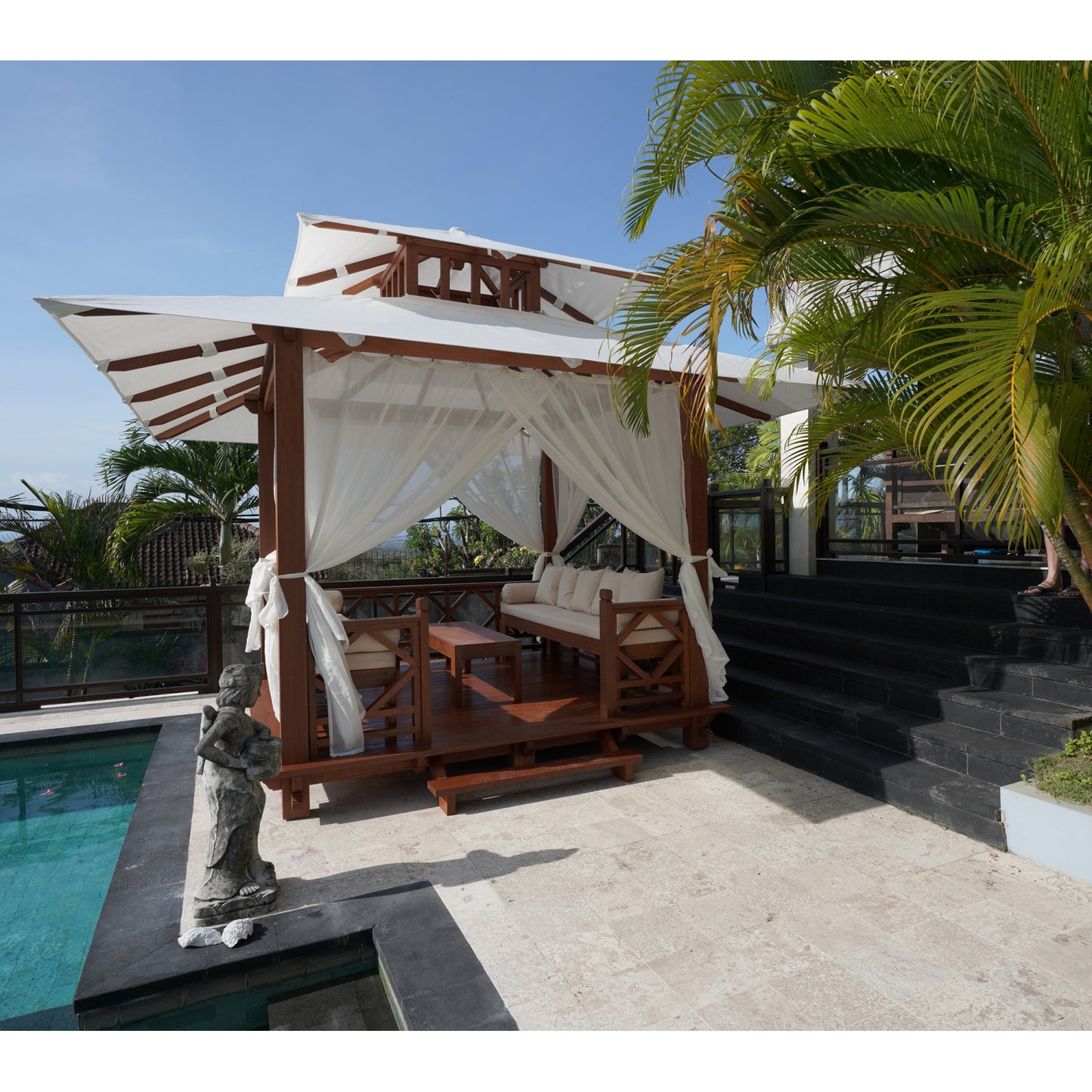 Exaco | 10x10 Ft Exquisite Handcrafted Solid Wood Gazebo With Canopy, Coffee Table and Benches From Bali Indonesia