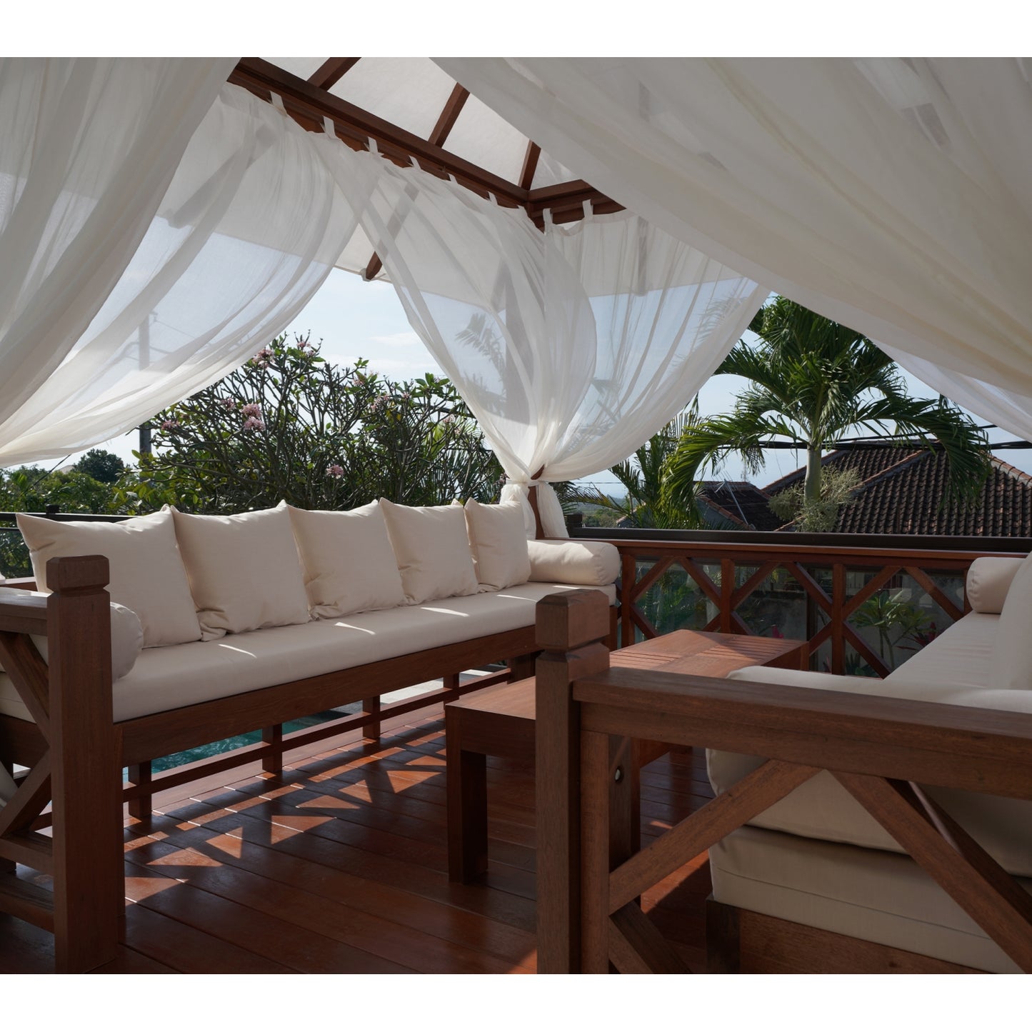 Exaco | 10x10 Ft Exquisite Handcrafted Solid Wood Gazebo With Canopy, Coffee Table and Benches From Bali Indonesia