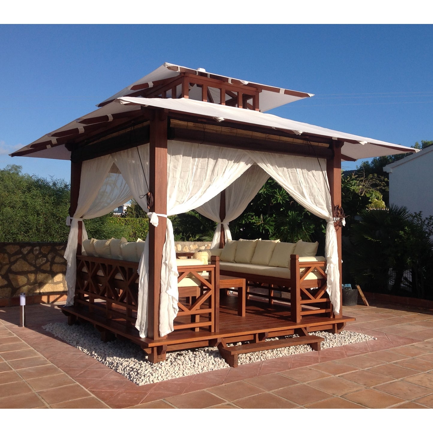 Exaco | 10x10 Ft Exquisite Handcrafted Solid Wood Gazebo With Canopy, Coffee Table and Benches From Bali Indonesia