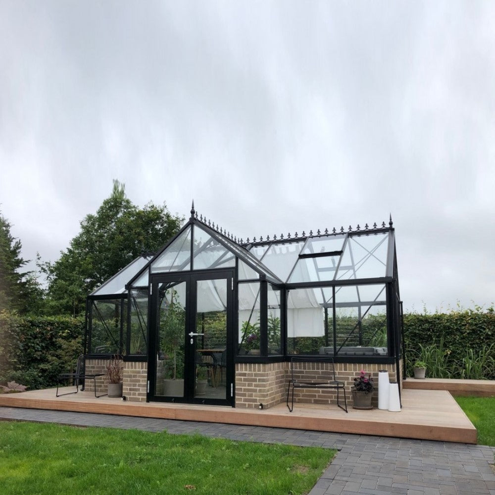 Janssens | 13x13x10 Ft Royal Antique Victorian EOS Glass Greenhouse Kit With 4mm Tempered Glass Glazing On Stem Wall