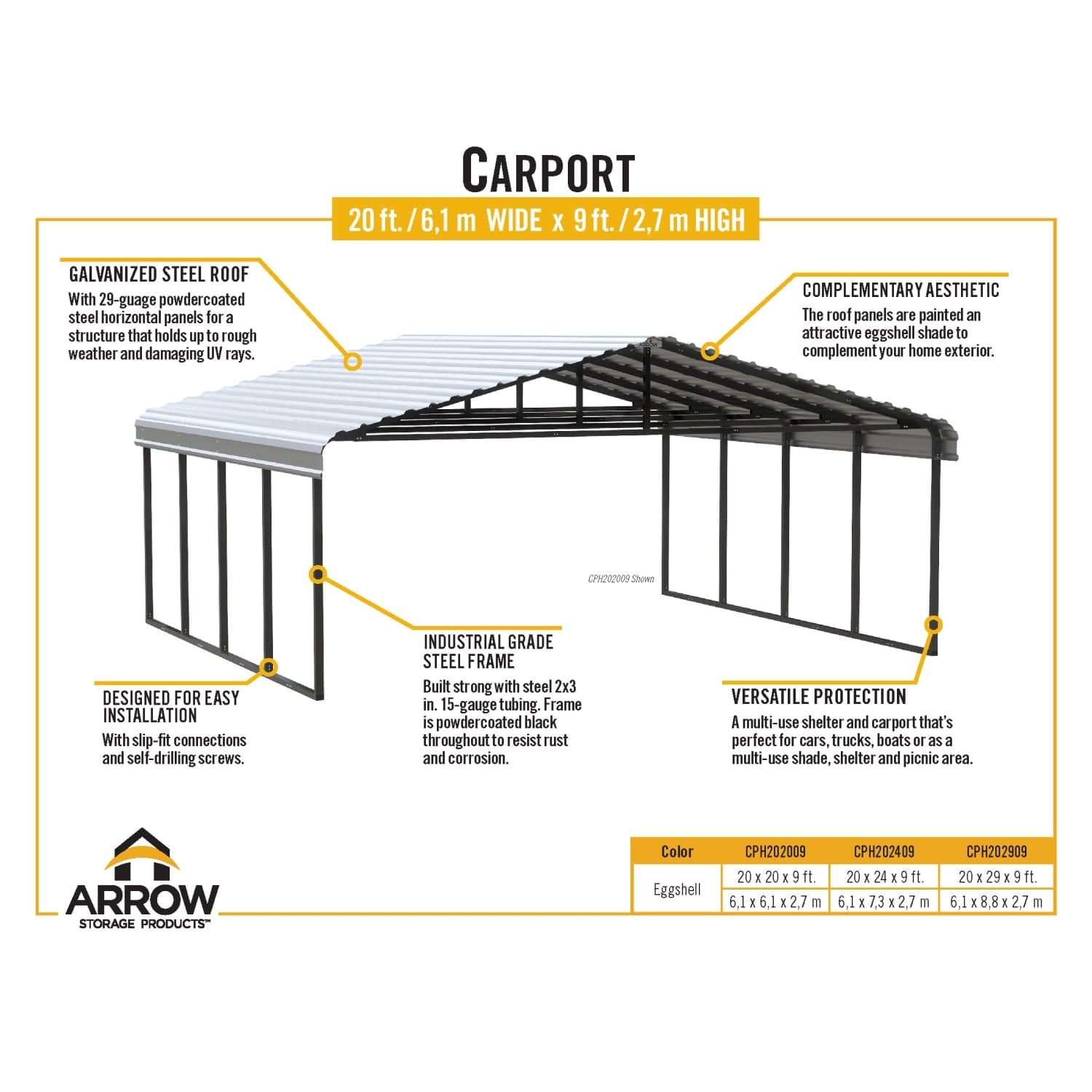 Arrow Carports Arrow | Carport 20x20x9 ft Eggshell CPH202009