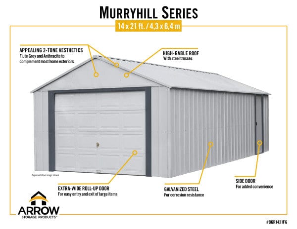 Arrow Metal Garage Kit Arrow | Murryhill 14x21 ft. Garage, Steel Storage Building, Prefab Storage Shed BGR1421FG