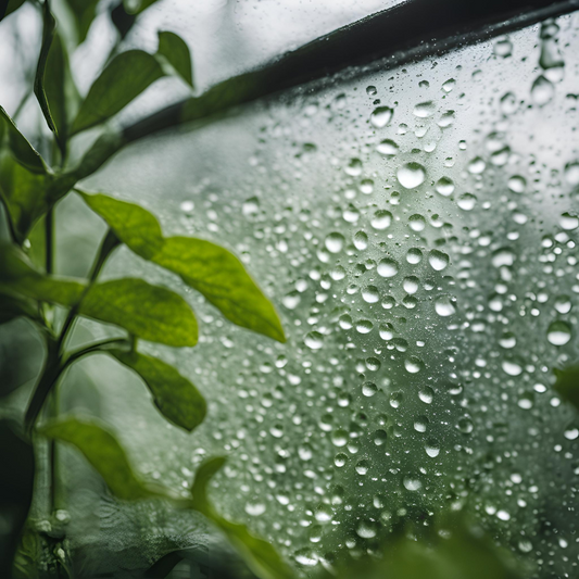 inside of a greenhouse with condensation on the window