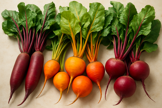 A beautiful collection of beets, including cylindra, golden, and classic red