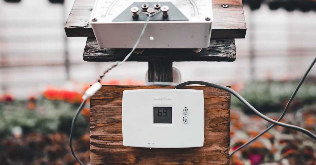 Thermostat and sensor controlling climate inside a greenhouse filled with plants.