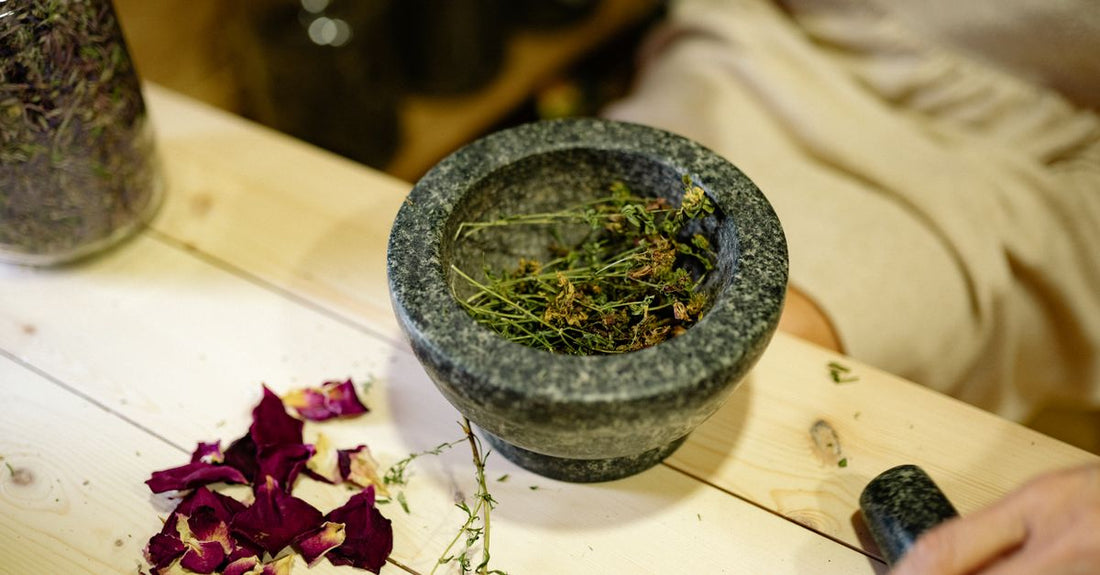 Close-up of dried herbs in a mortar and pestle for natural healing.
