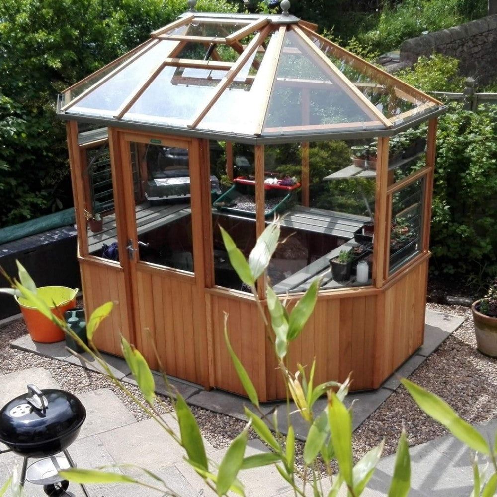 Alton | Octagonal Half Board Cedar Greenhouse With 3mm Tempered Glass Glazing