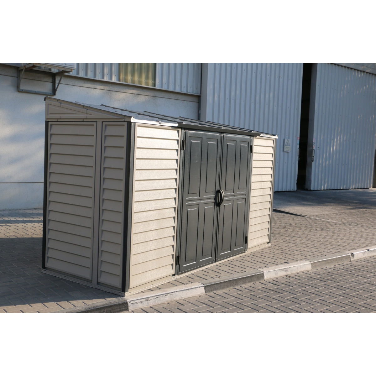 DuraMax | 10x4 ft SideMate Plus Pro Vinyl Plastic Storage Shed with Double Doors and Foundation