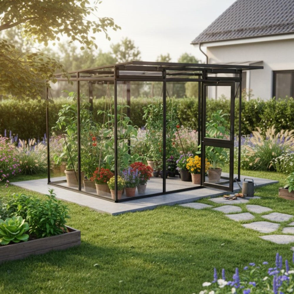 KGT | Linea II Modern Greenhouse 9ft 9in x 6ft 8in x 7ft - 4mm Glass / 10mm Twin-Wall Polycarbonate Glazing - MyGreenhouseStore.com