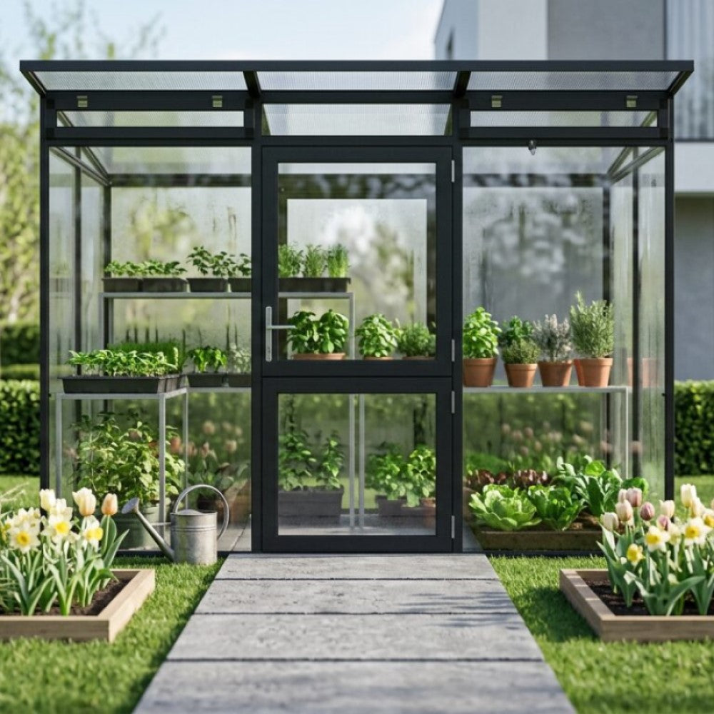 KGT | Linea II Modern Greenhouse 9ft 9in x 6ft 8in x 7ft - 4mm Glass / 10mm Twin-Wall Polycarbonate Glazing - MyGreenhouseStore.com