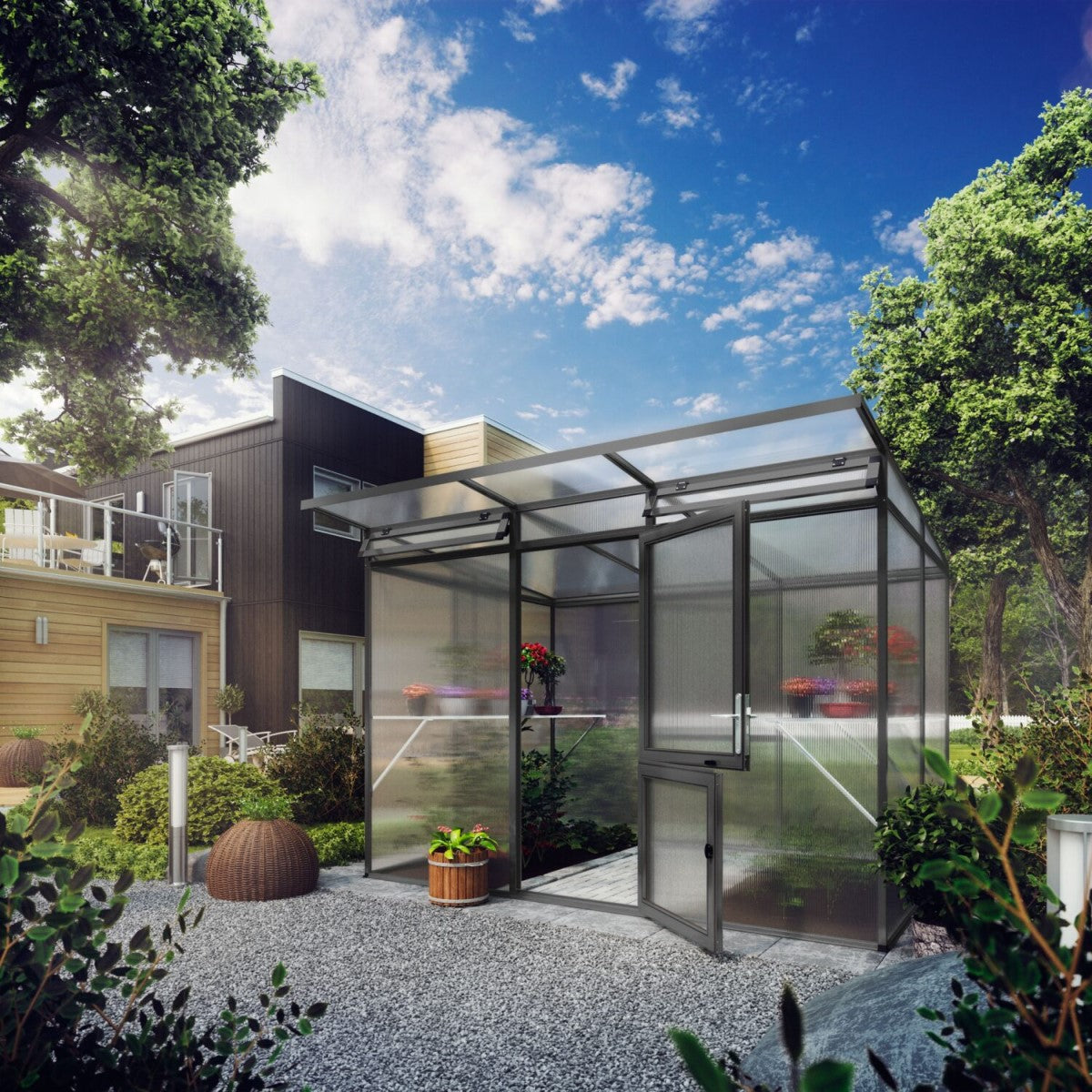 KGT | Linea II Modern Greenhouse 9ft 9in x 6ft 8in x 7ft - 4mm Glass / 10mm Twin-Wall Polycarbonate Glazing - MyGreenhouseStore.com