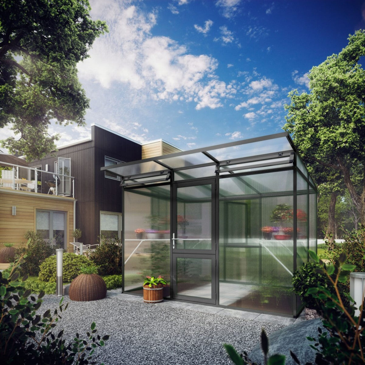 KGT | Linea II Modern Greenhouse 9ft 9in x 6ft 8in x 7ft - 4mm Glass / 10mm Twin-Wall Polycarbonate Glazing - MyGreenhouseStore.com
