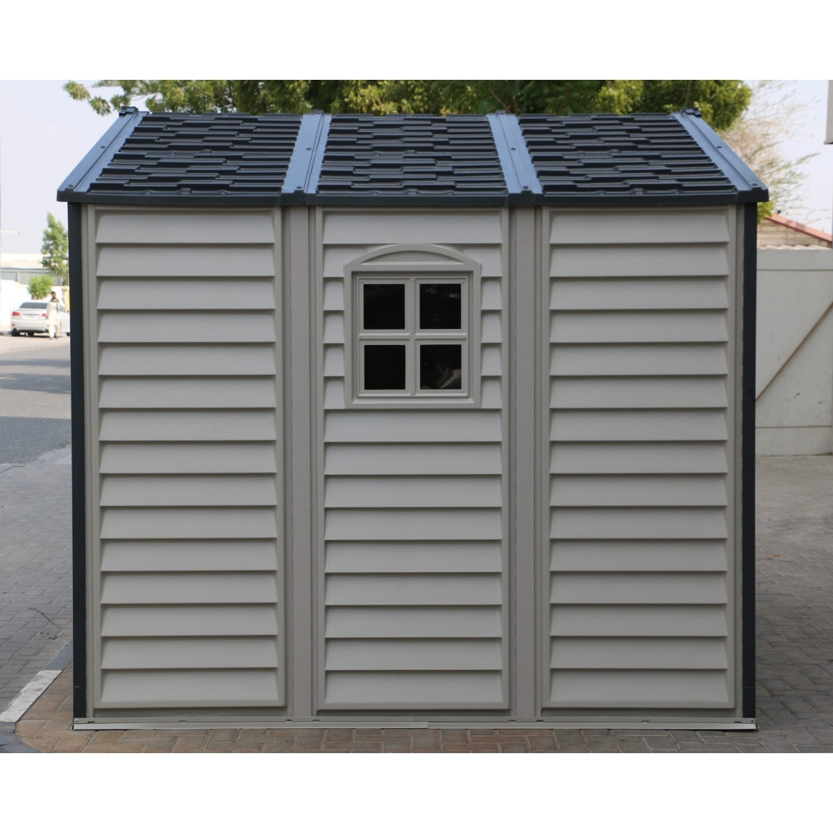DuraMax | 10x8x7 ft Woodside Plus Vinyl Plastic Storage Shed with Foundation