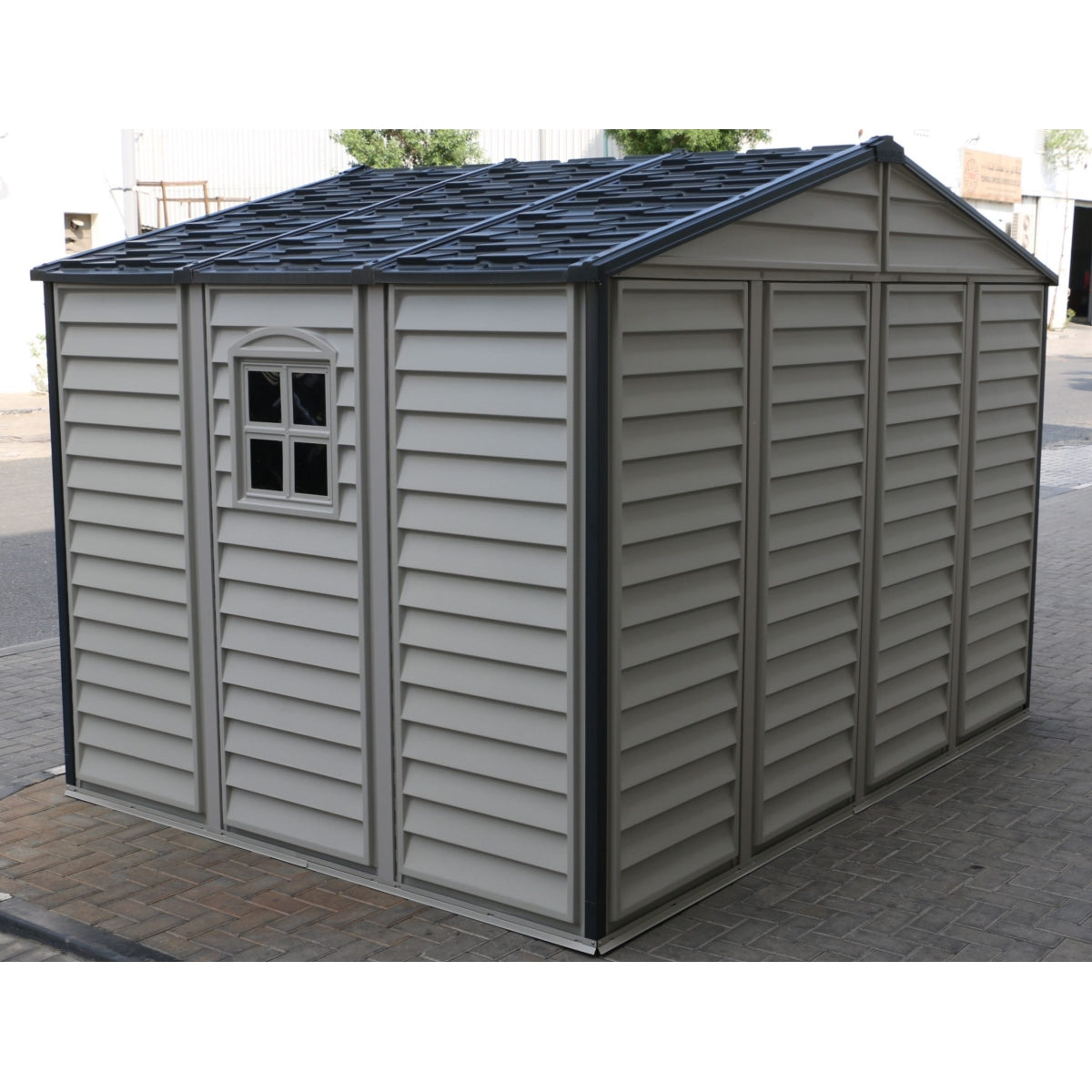 DuraMax | 10x8x7 ft Woodside Plus Vinyl Plastic Storage Shed with Foundation