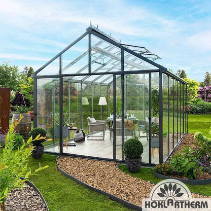 Hoklartherm | 11.5 ft wide 10.5 ft tall Livingten Double-Pane Insulated Glass Greenhouse Kit With 22mm ISO Safety Glass Glazing, three sizes