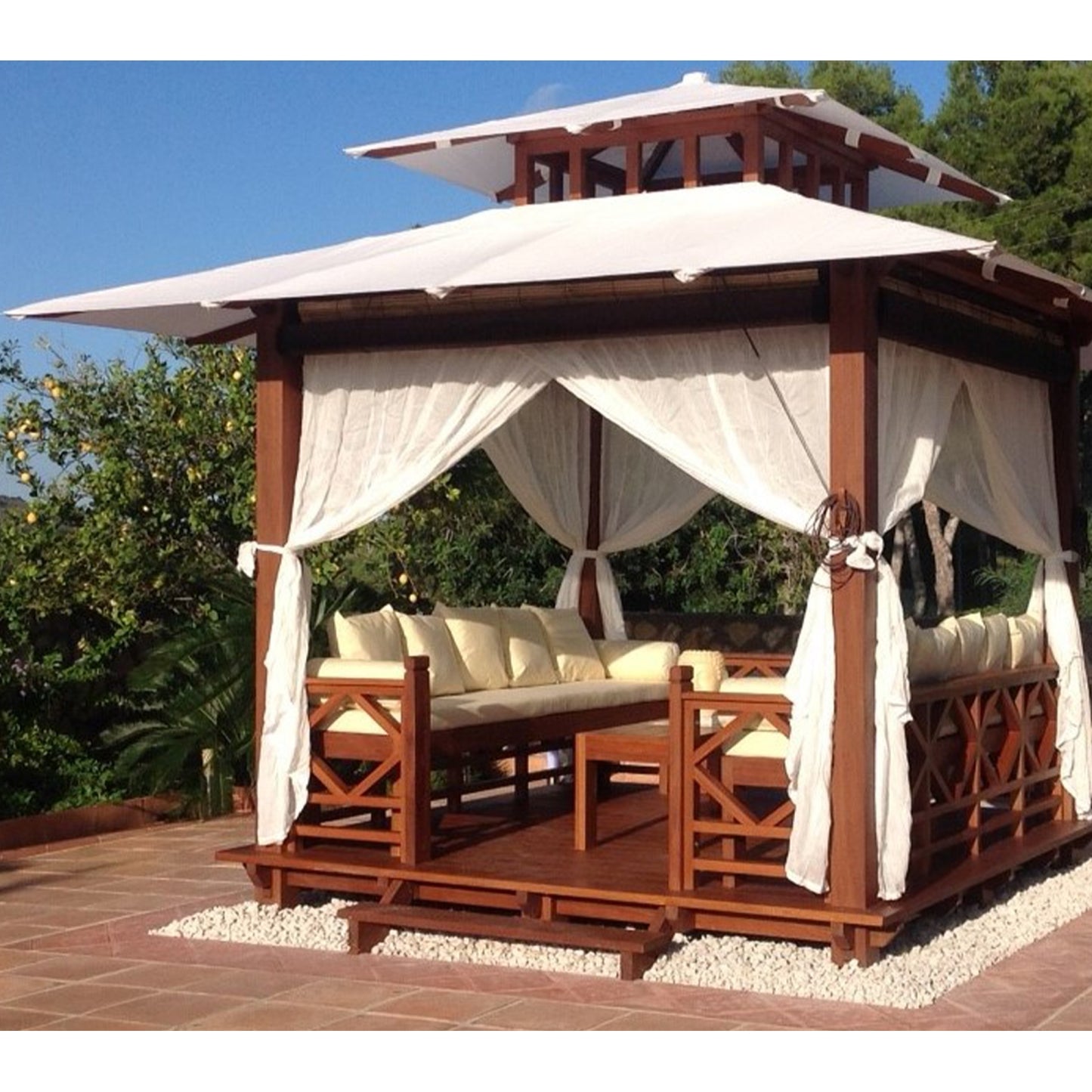 Exaco | 10x10 Ft Exquisite Handcrafted Solid Wood Gazebo With Canopy, Coffee Table and Benches From Bali Indonesia