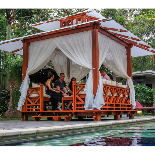 Exaco | 10x10 Ft Exquisite Handcrafted Solid Wood Gazebo With Canopy, Coffee Table and Benches From Bali Indonesia