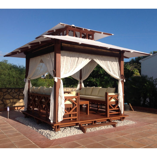 Exaco | 10x10 Ft Exquisite Handcrafted Solid Wood Gazebo With Canopy, Coffee Table and Benches From Bali Indonesia