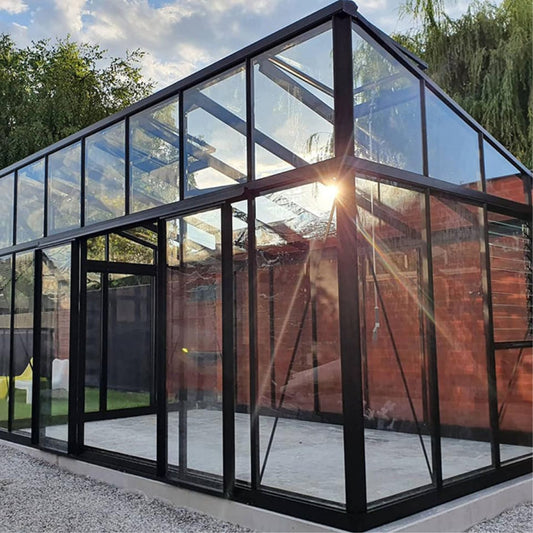 Janssens | 10ft wide Modern Pent Roof Glass Greenhouse Kit With 4mm Tempered Glass Glazing