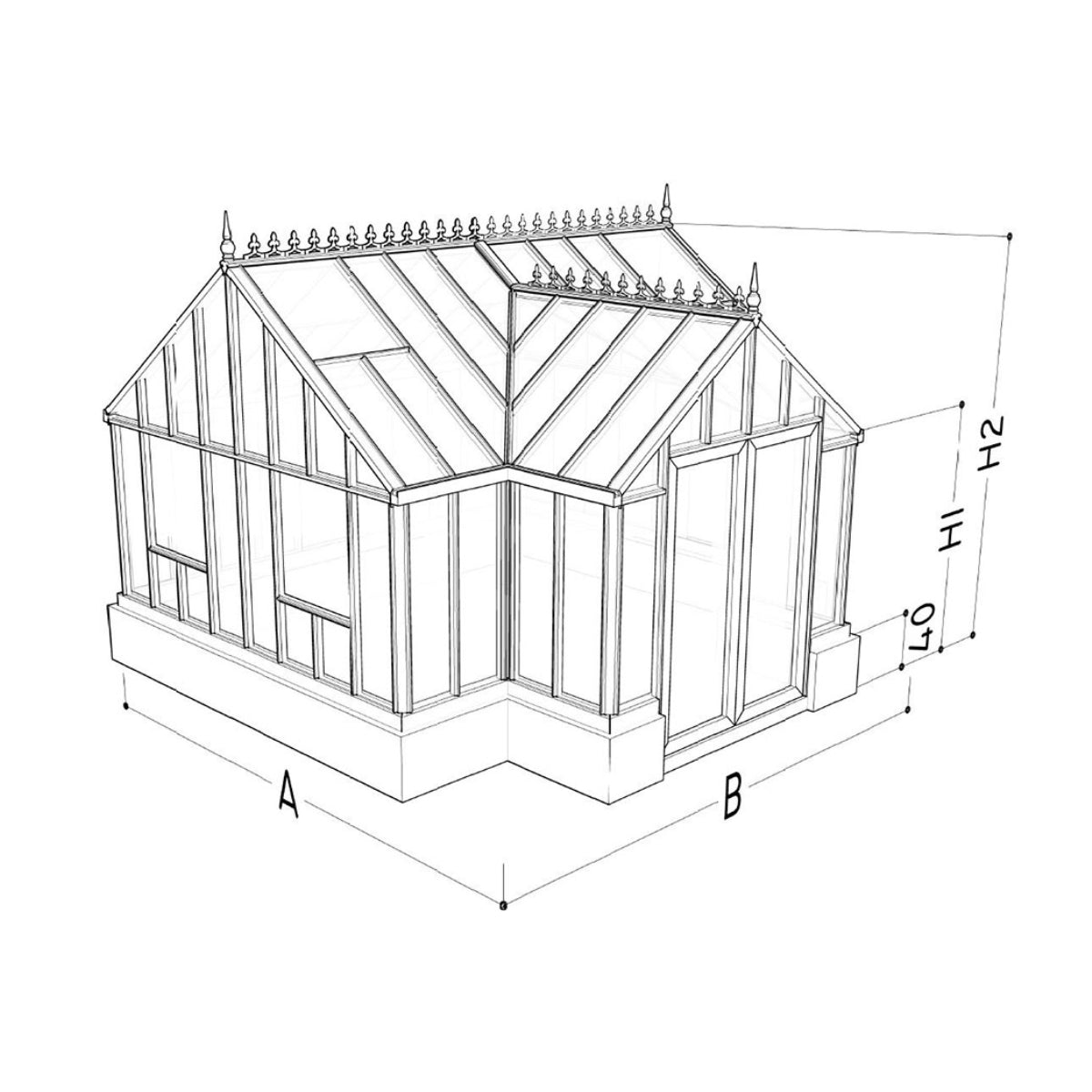 Janssens | 13x13x10 Ft Royal Antique Victorian EOS Glass Greenhouse Kit With 4mm Tempered Glass Glazing On Stem Wall