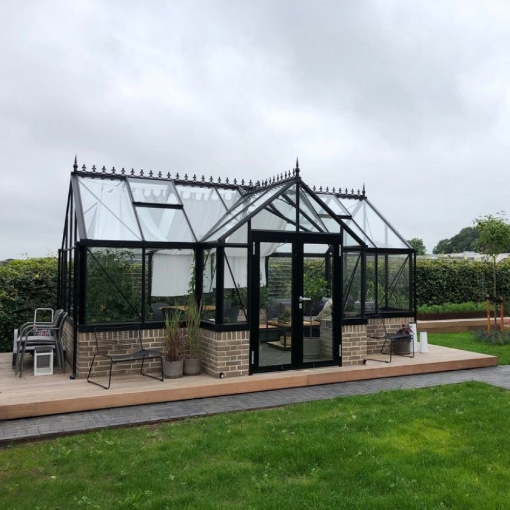 Janssens | 13x13x10 Ft Royal Antique Victorian EOS Glass Greenhouse Kit With 4mm Tempered Glass Glazing On Stem Wall