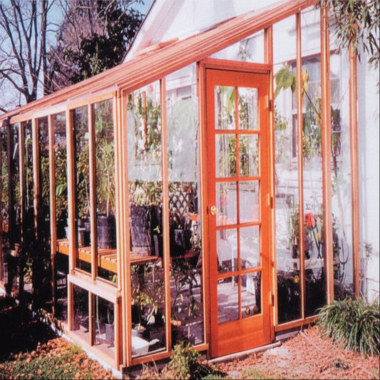 Santa Barbara | 6ft or 9ft Wide Deluxe Redwood Lean-To Glass Greenhouse/Sunroom Premium Package, 3/16 in Glass Glazing, Pre-assembled Panels - MyGreenhouseStore.com