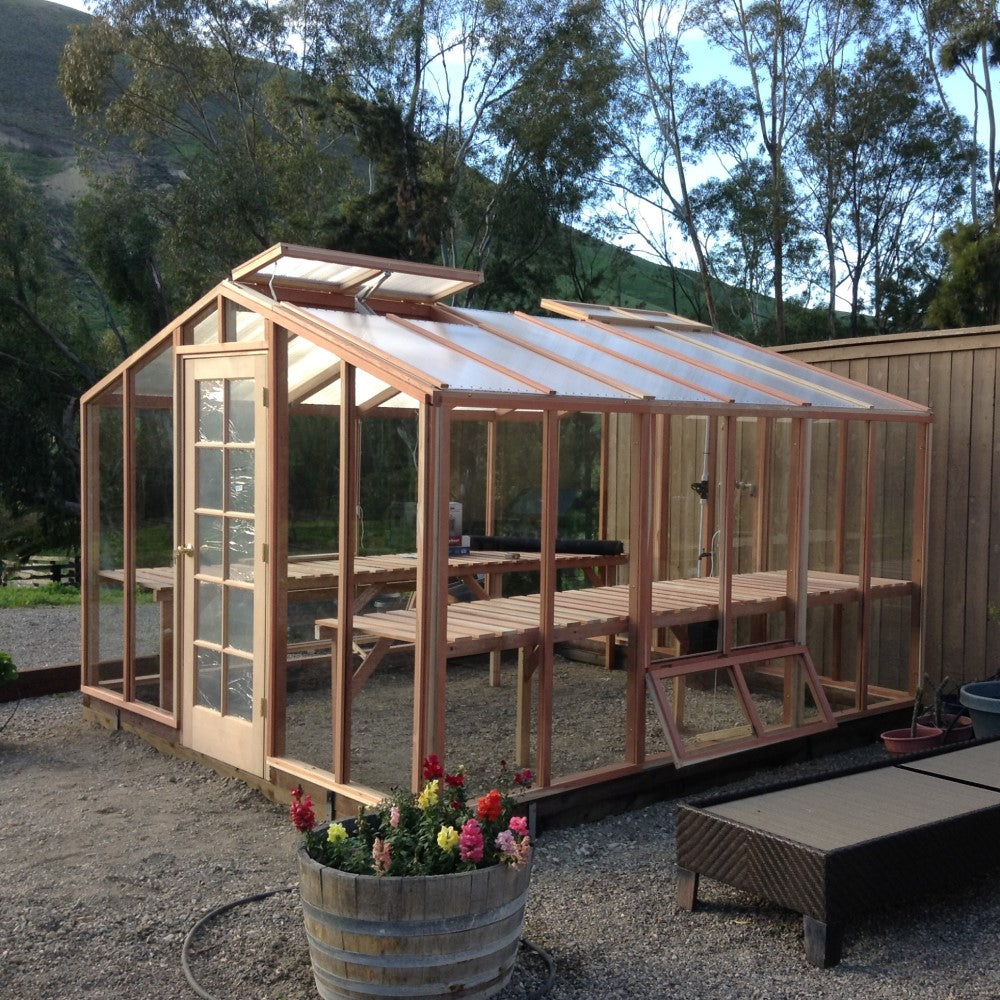 Santa Barbara | Deluxe Redwood Glass Greenhouse/Sunroom Premium Package With 3/16 inch Glass Glazing and Pre-assembled Panels