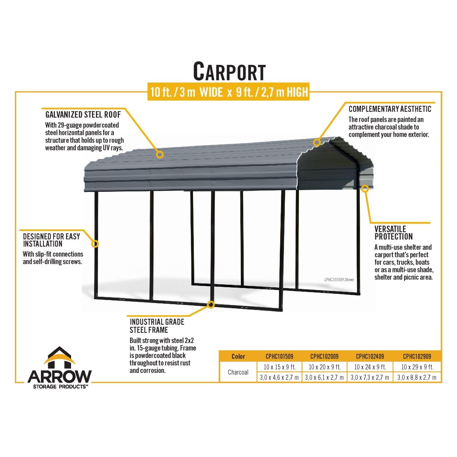 Arrow Carports Arrow | Carport 10x15x9 ft Charcoal CPHC101509