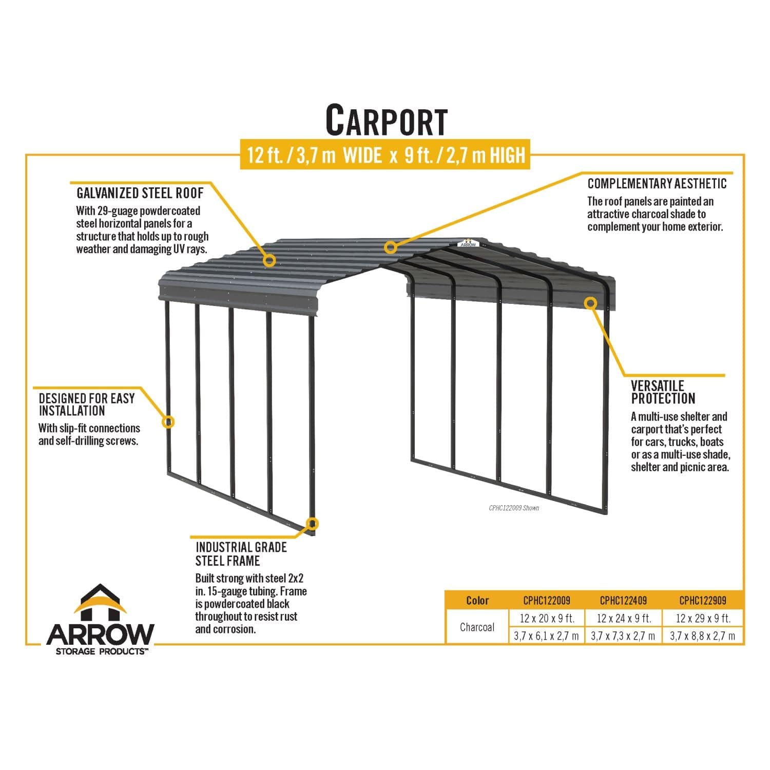 Arrow Carports Arrow | Carport 12x20x9 ft Charcoal CPHC122009