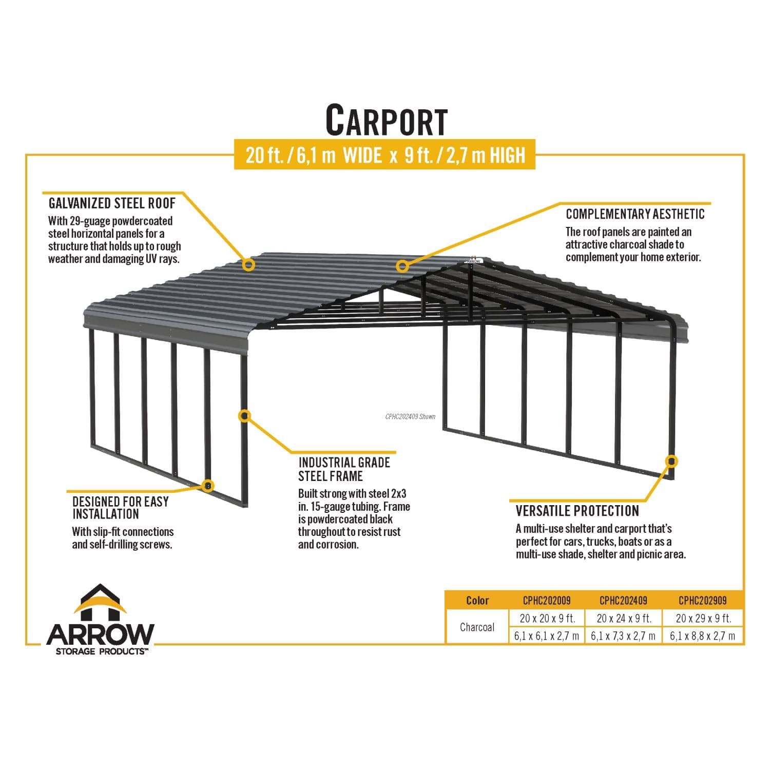 Arrow Carports Arrow | Carport 20x20x9 ft Charcoal CPHC202009