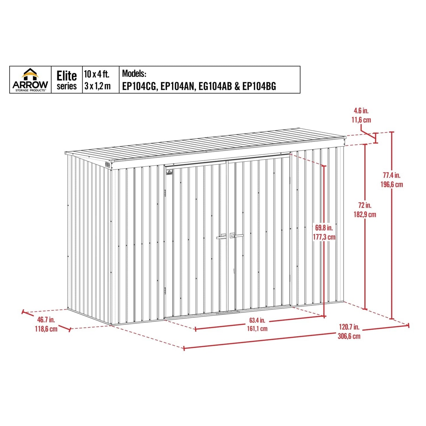 Arrow Compact Shed Arrow | Elite Steel Storage Shed, 10x4 ft. Cool Grey EP104CG