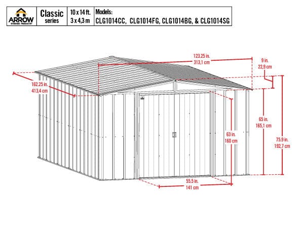 Arrow Metal Storage Shed Kit Arrow | Classic Steel Storage Shed, 10x14 ft., Charcoal CLG1014CC