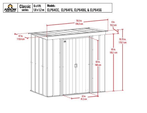 Arrow Metal Storage Shed Kit Arrow | Classic Steel Storage Shed, 6x4 ft., Charcoal CLP64CC