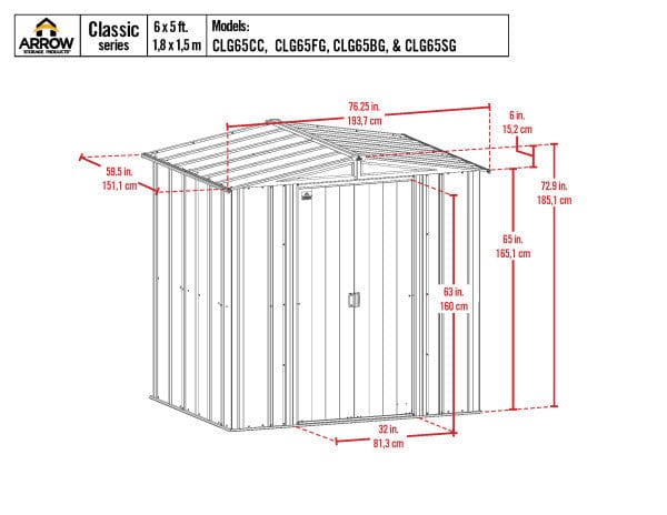 Arrow Metal Storage Shed Kit Arrow | Classic Steel Storage Shed, 6x5 ft., Sage Green CLG65SG