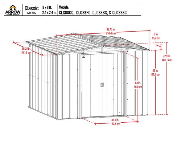 Arrow Metal Storage Shed Kit Arrow | Classic Steel Storage Shed, 8x8 ft., Charcoal CLG88CC