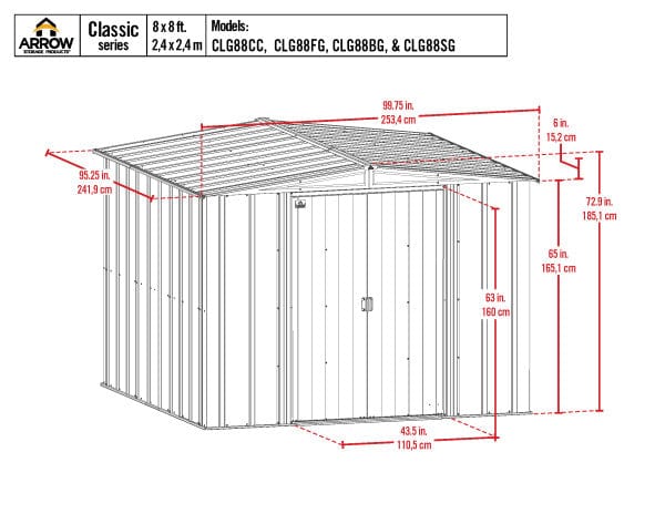 Arrow Metal Storage Shed Kit Arrow | Classic Steel Storage Shed, 8x8 ft., Flute Grey CLG88FG