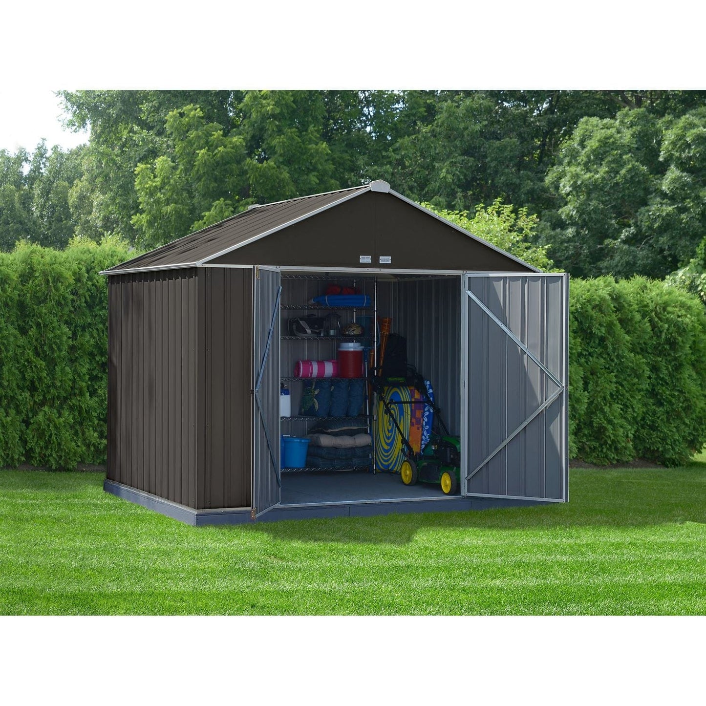 Arrow EZEE Shed Steel Storage 10' x 8' Galvanized Extra High Gable Charcoal with Cream Trim - mygreenhousestore.com