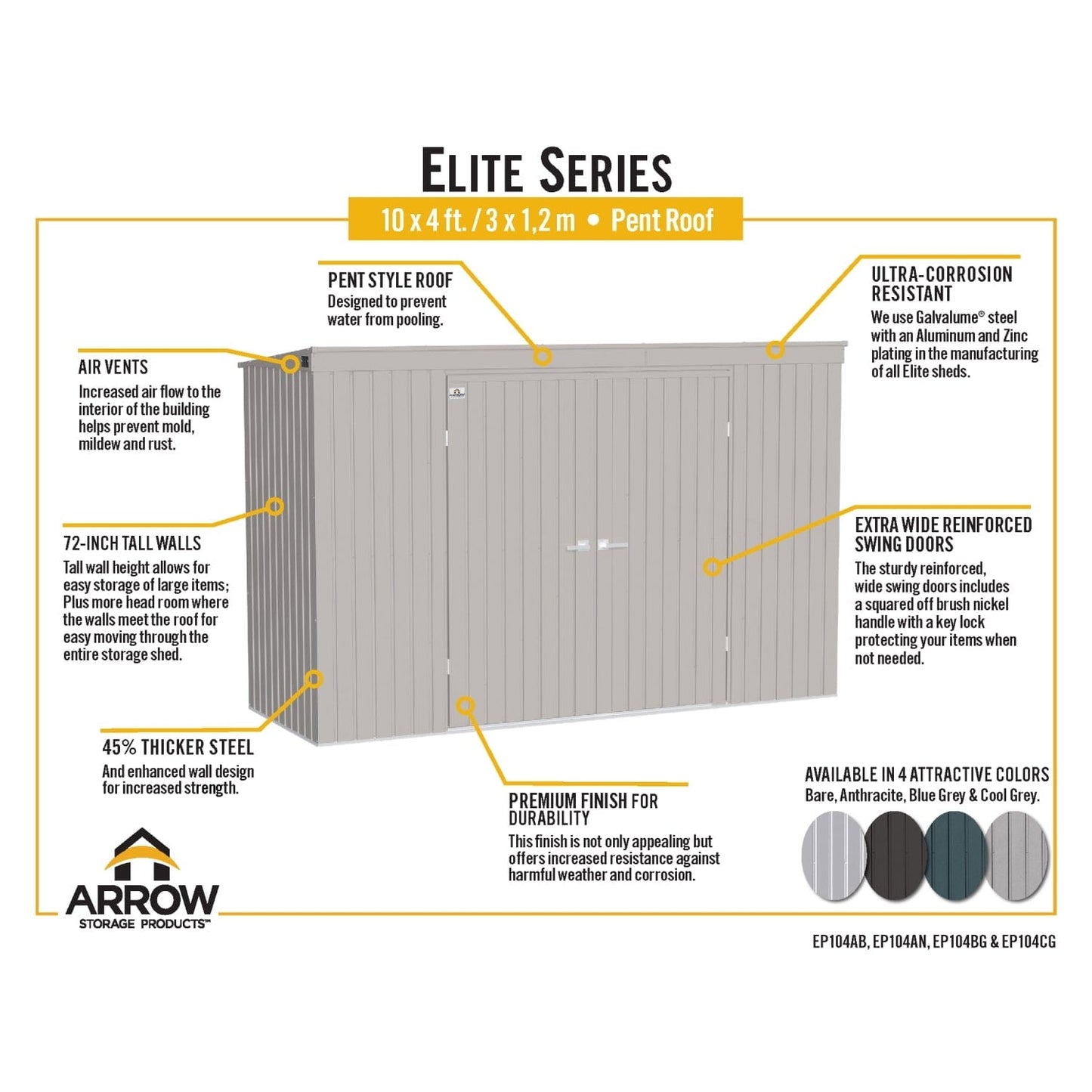 Arrow Sheds & Storage Buildings Arrow | Elite Steel Storage Shed, 10x4 ft. Anthracite EP104AN