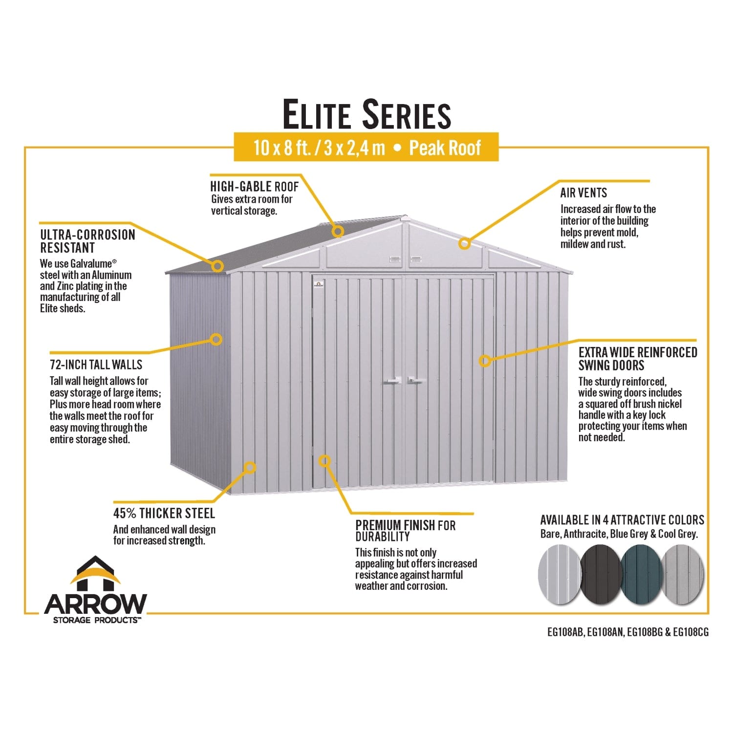 Arrow Sheds & Storage Buildings Arrow | Elite Steel Storage Shed, 10x8 ft. Anthracite EG108AN