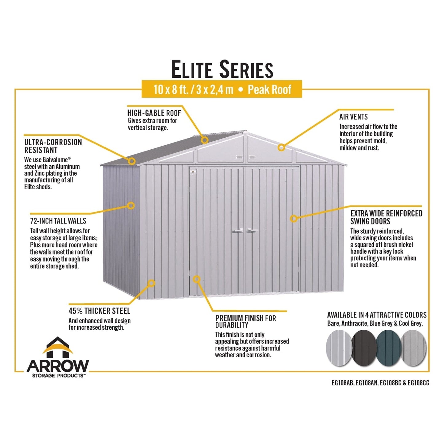 Arrow Sheds & Storage Buildings Arrow | Elite Steel Storage Shed, 10x8 ft. Anthracite EG108AN